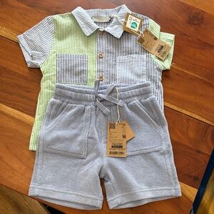 Striped Green and Blue Shirt with Blue Terry Shorts Set
